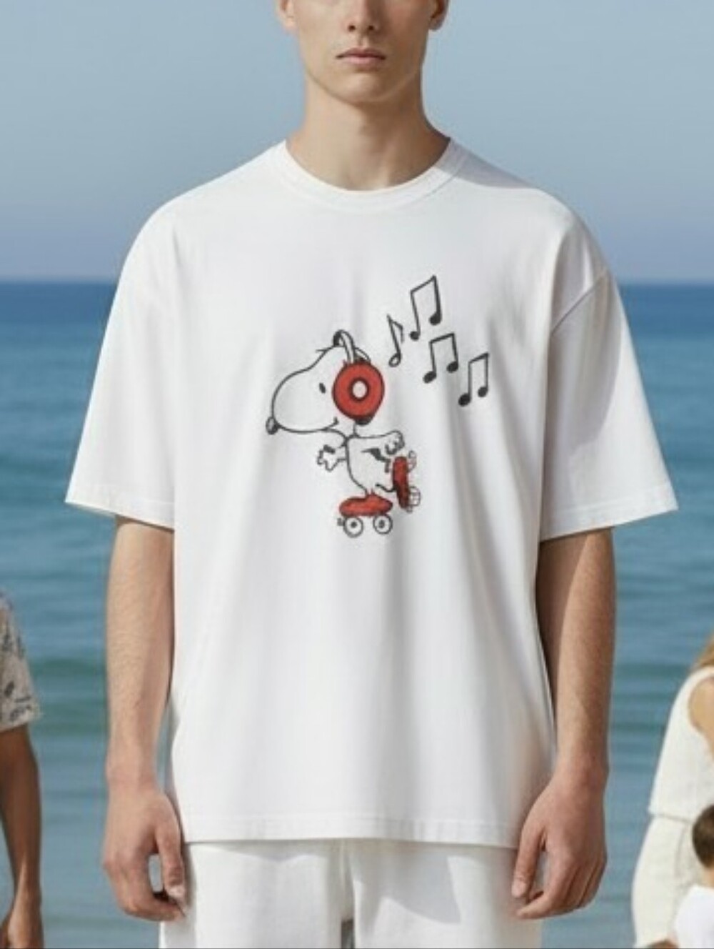 Peanut Shop - NWT Snoopy On Skates Listening To Music, White Cotton Short Sleeve